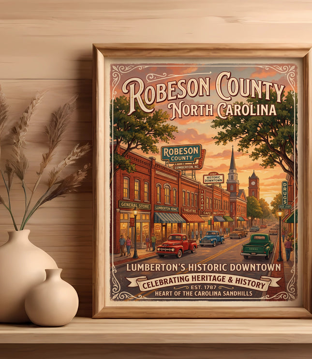 Poster showing Robeson County, North Carolina historic downtown Lumbreton.