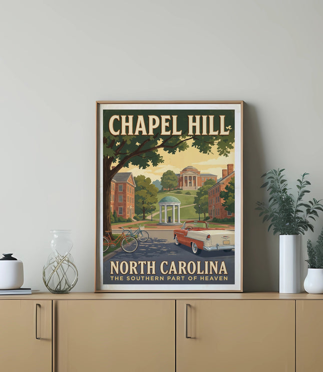 Chapel Hill North Carolina poster featuring Old Well, vintage car, and bicycles.