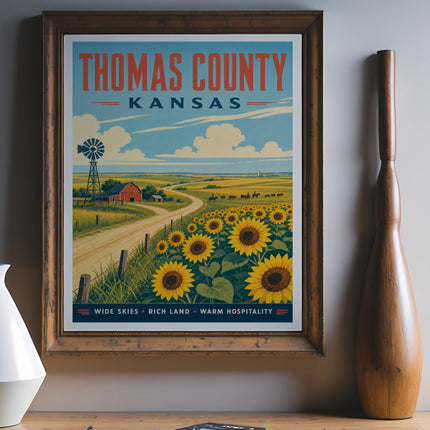 Thomas County Kansas vintage travel poster with sunflowers and windmill.