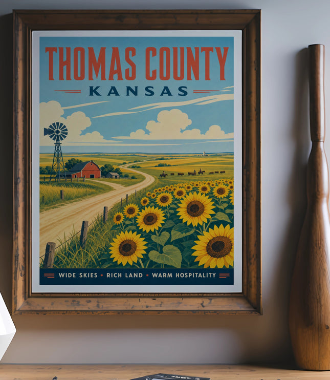 Thomas County Kansas vintage travel poster with sunflowers and windmill.