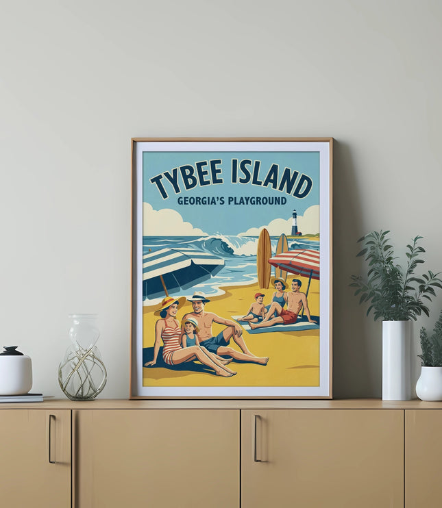 Vintage Tybee Island Georgia's Playground poster with families relaxing on the beach.