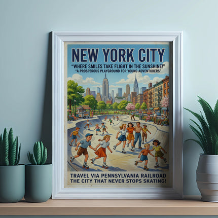 New York City poster by Pennsylvania Railroad with kids skating and city skyline.