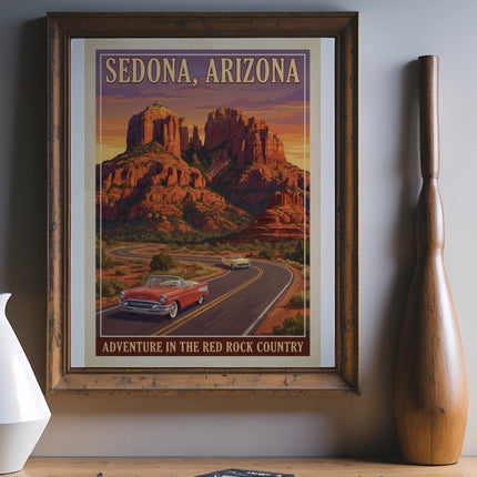 Vintage poster of Sedona, Arizona, featuring red rocks, a winding road, and classic cars.