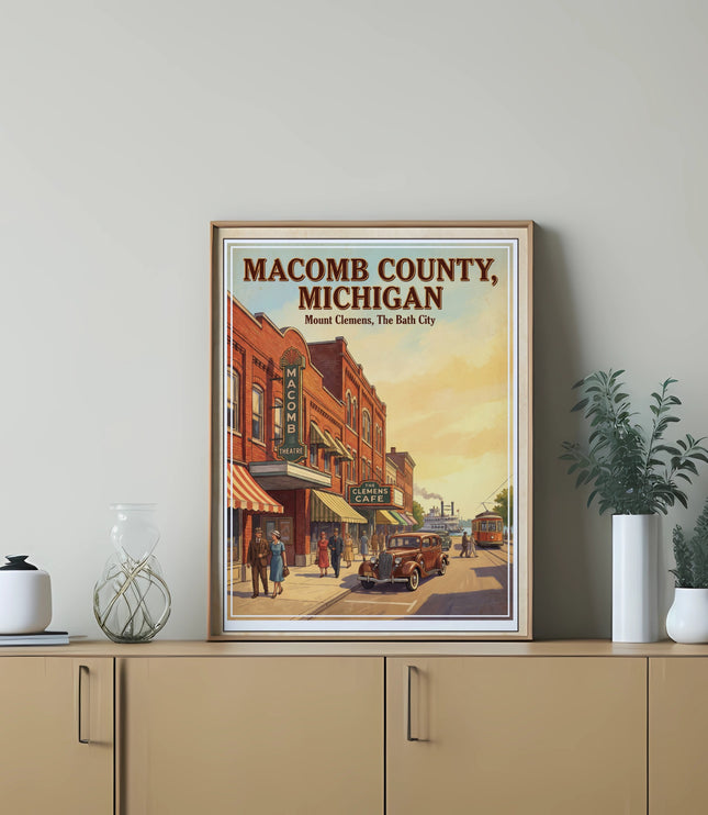 "Macomb County, Michigan, Mount Clemens, The Bath City" vintage travel poster with a street scene.