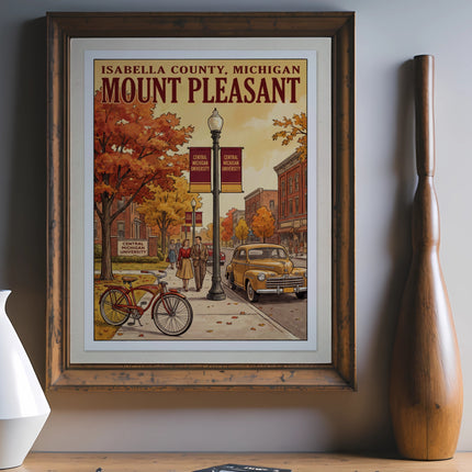 Poster of Mount Pleasant, Michigan with Central Michigan University banners.