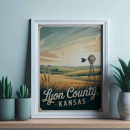 Framed artwork of Lyon County, Kansas with a windmill and fields.