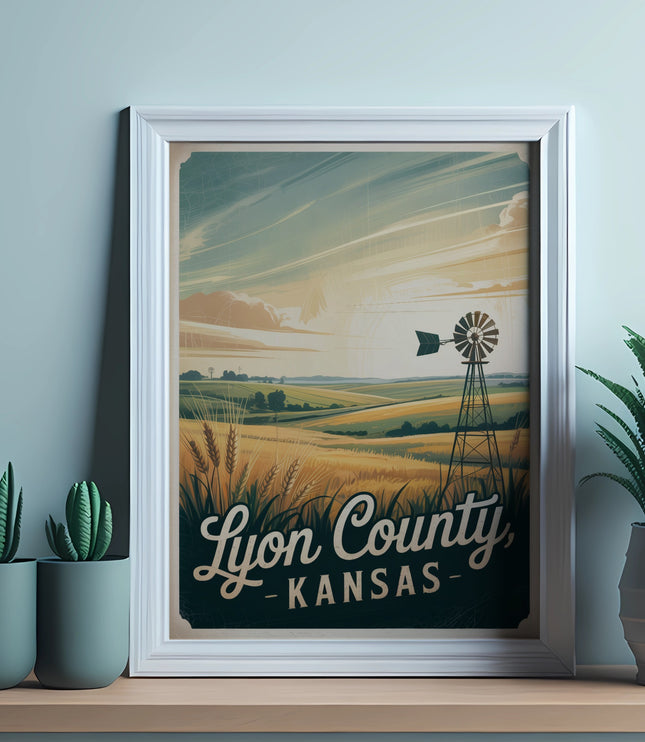 Framed artwork of Lyon County, Kansas with a windmill and fields.
