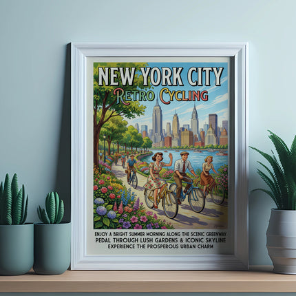 Retro New York City cycling poster with skyline and park scene.