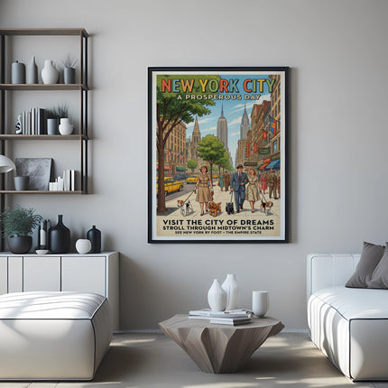 New York City poster showing a street scene with vintage cars and people, titled "A Prosperous Day".