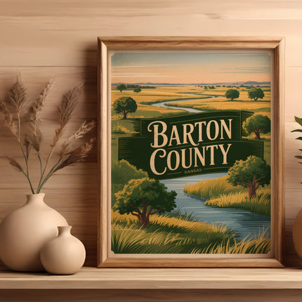 Framed Barton County Kansas landscape with river and trees.