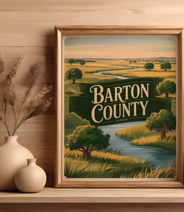 Framed Barton County Kansas landscape with river and trees.