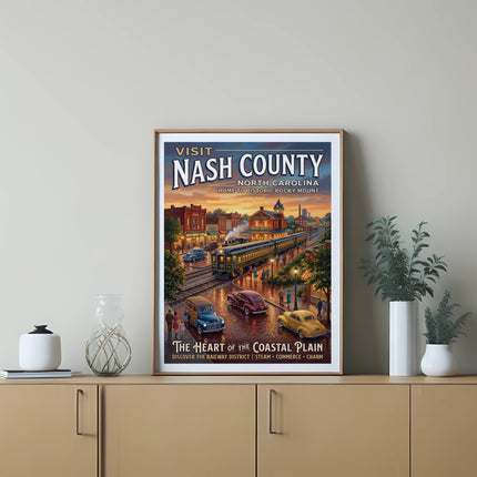 Visit Nash County, North Carolina poster with train, cars, and buildings.