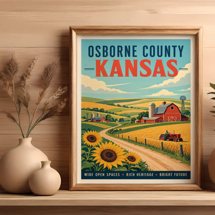 Vintage Osborne County Kansas travel poster with farm scene and sunflowers.