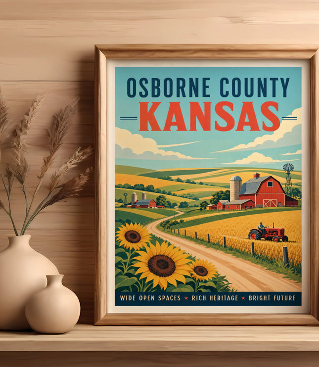 Vintage Osborne County Kansas travel poster with farm scene and sunflowers.