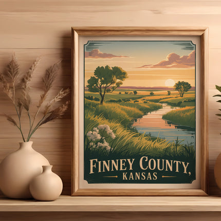 Framed artwork of a landscape scene with text "Finney County, Kansas".