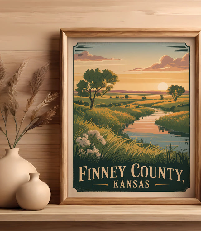 Framed artwork of a landscape scene with text "Finney County, Kansas".