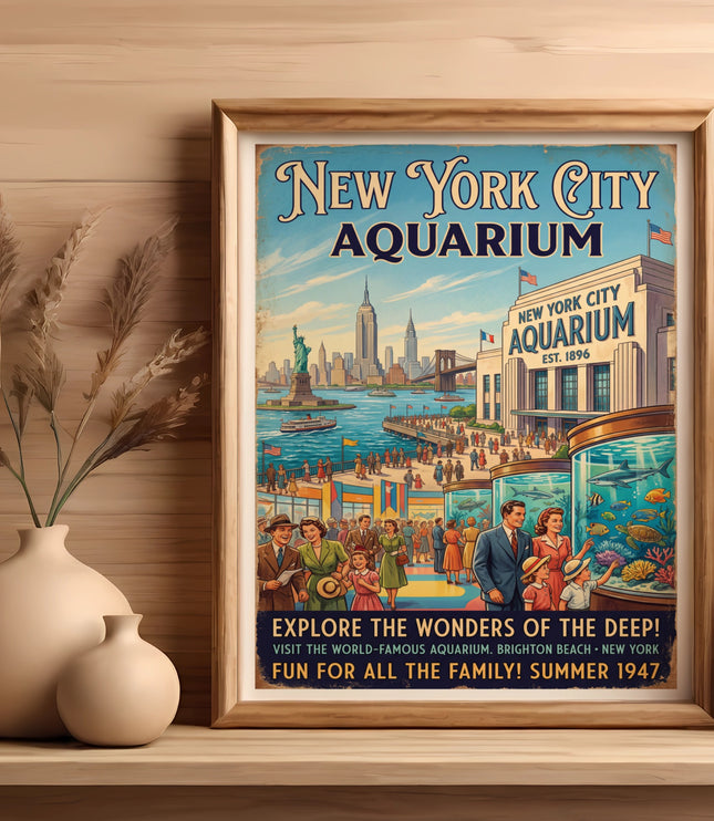 New York City Aquarium vintage travel poster with text describing the attraction.