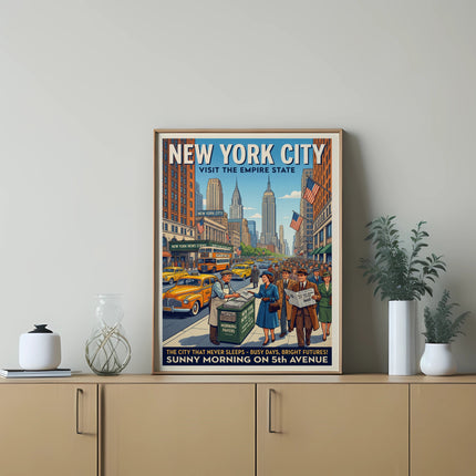 New York City poster: Visit the Empire State, sunny morning on 5th Avenue.