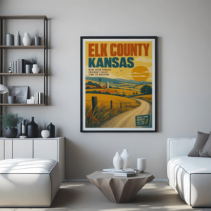 Elk County Kansas vintage travel poster with rural landscape and text.