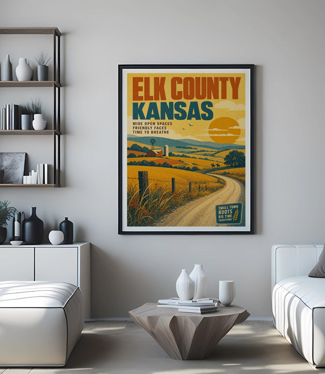 Elk County Kansas vintage travel poster with rural landscape and text.