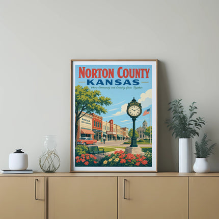 Poster depicting downtown Norton County, Kansas with the town square.