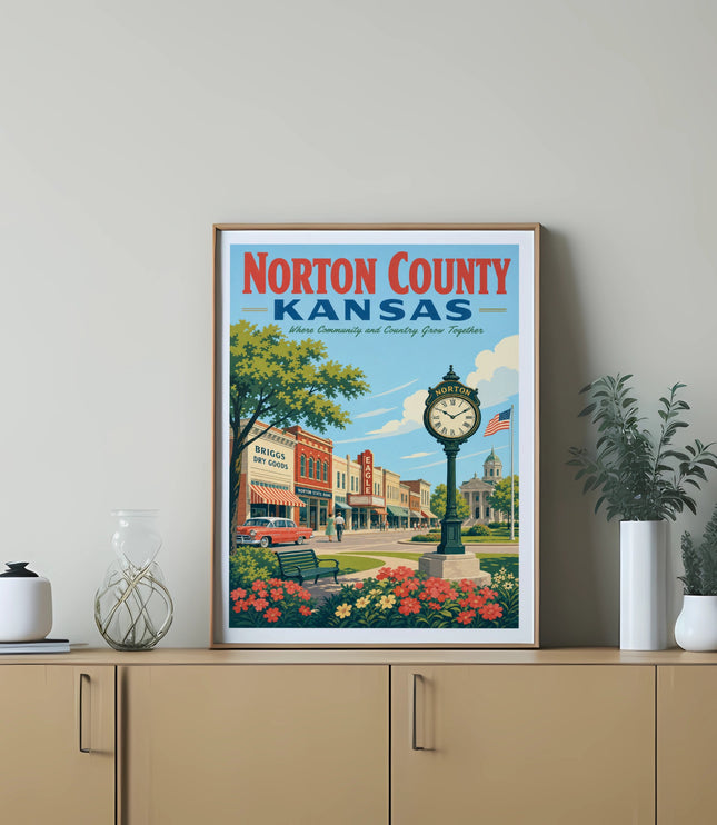 Poster depicting downtown Norton County, Kansas with the town square.