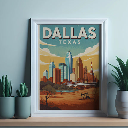 Framed Dallas, Texas cityscape art print with two potted plants.