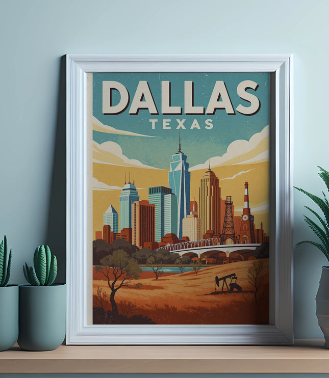 Framed Dallas, Texas cityscape art print with two potted plants.