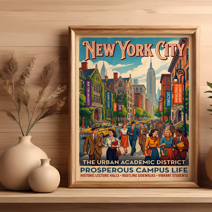 New York City academic district poster with students and buildings.