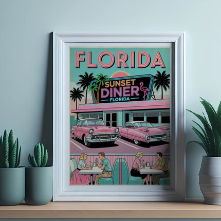 Retro Florida Sunset Diner illustration with vintage cars and palm trees.
