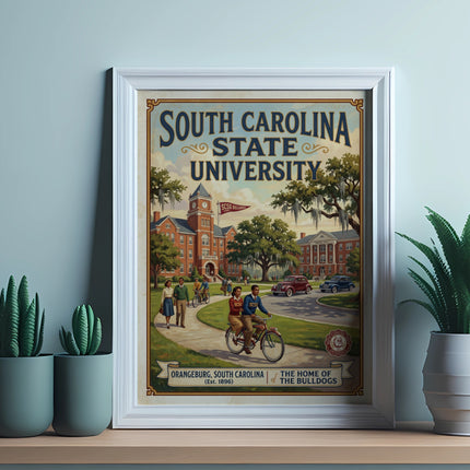 South Carolina State University poster showing campus buildings, students, and cars.
