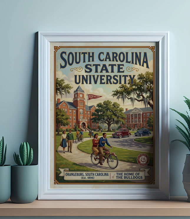 South Carolina State University poster showing campus buildings, students, and cars.