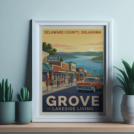 "Delaware County, Oklahoma" poster with "Grove" and "Lakeside Living" text.