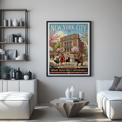 New York City historic music conservatory poster with students arriving.