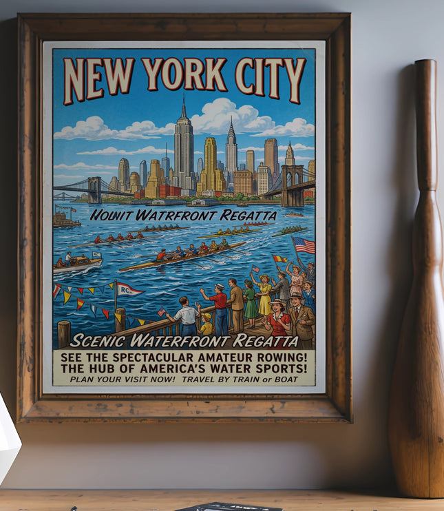 New York City vintage poster depicts a scenic waterfront regatta with rowing crews.
