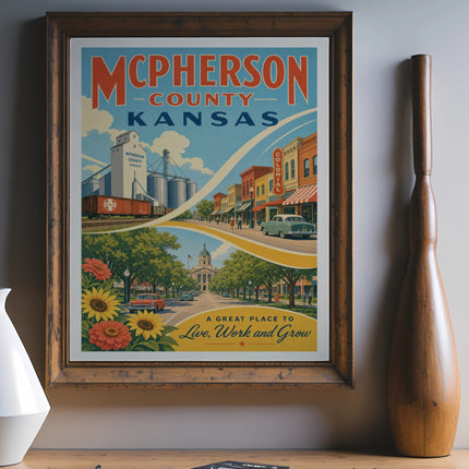 McPherson County Kansas vintage poster with buildings, train, and sunflowers.