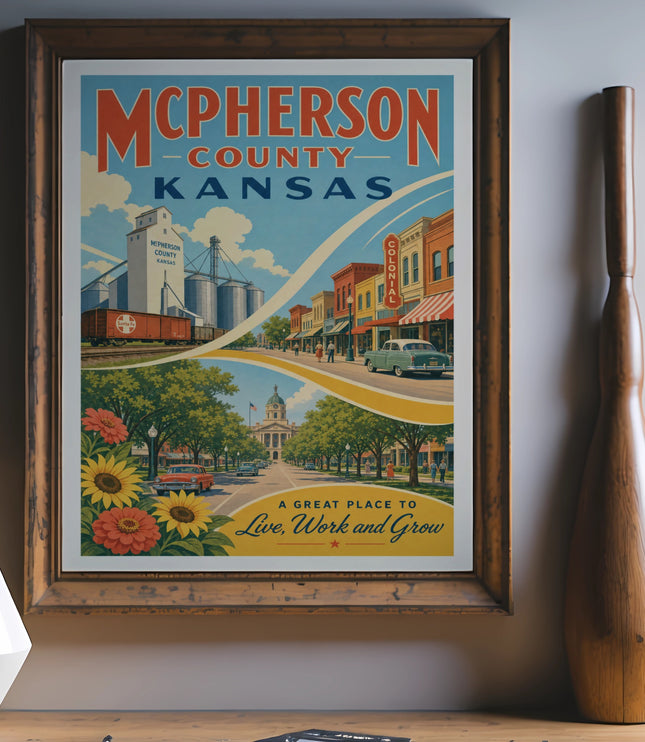 McPherson County Kansas vintage poster with buildings, train, and sunflowers.
