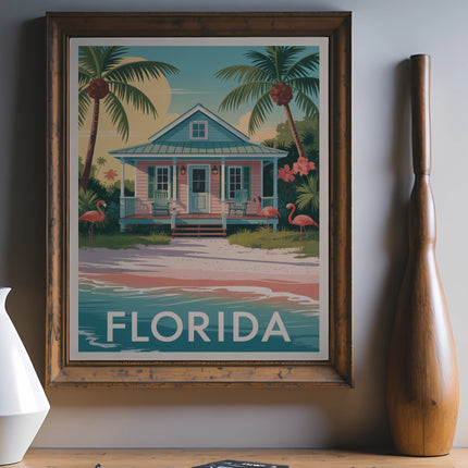 Framed vintage Florida postcard featuring a beach house, palm trees, and flamingos.