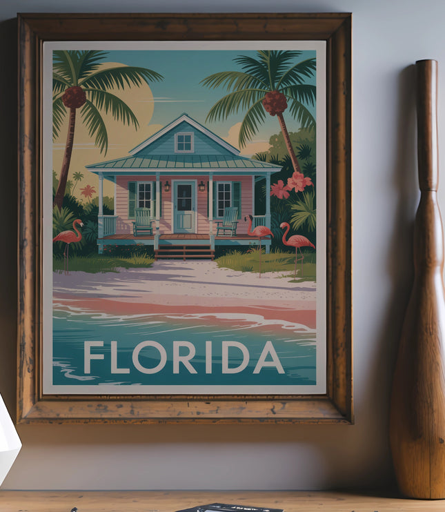 Framed vintage Florida postcard featuring a beach house, palm trees, and flamingos.