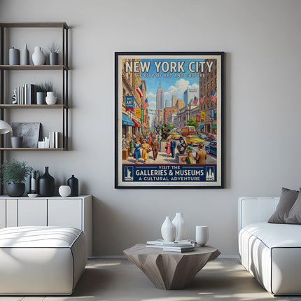 New York City travel poster with "Galleries & Museums" and "A Cultural Adventure" text.