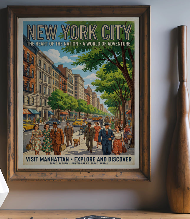 Vintage New York City travel poster with people walking down a street.