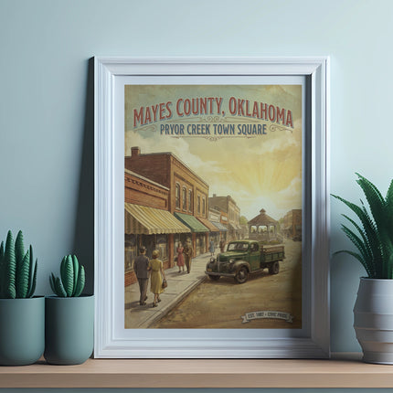 Mayes County, Oklahoma Pryor Creek Town Square vintage poster with truck and gazebo.