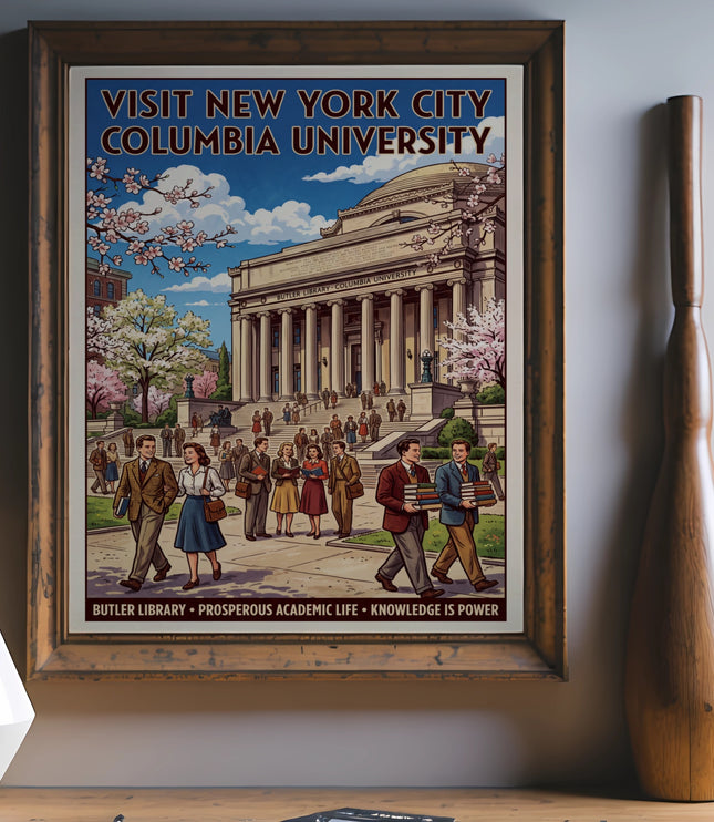 Vintage poster of Columbia University, Butler Library, with text.