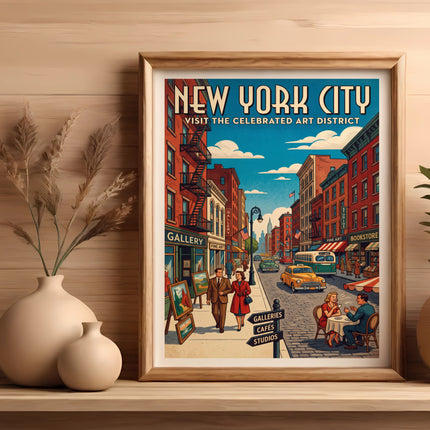 New York City art district travel poster with buildings, people, and shops.