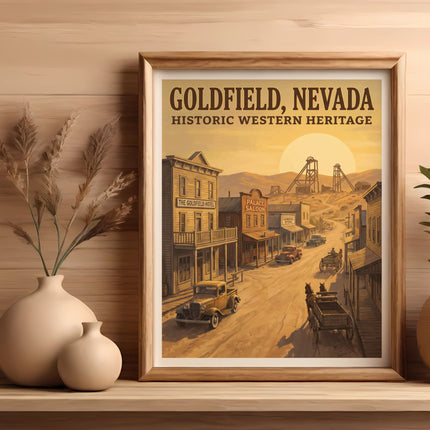 Goldfield, Nevada historic western heritage poster showing a vintage street scene