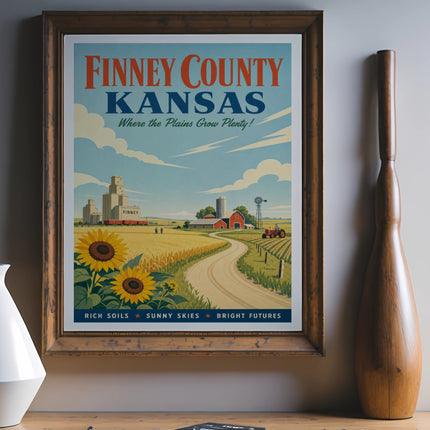 Finney County, Kansas vintage travel poster with farm scene and sunflowers.