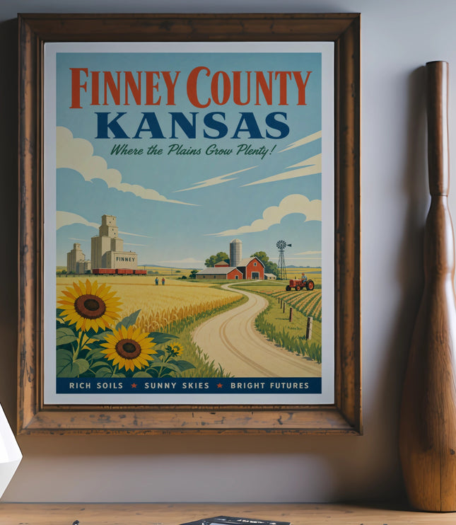 Finney County, Kansas vintage travel poster with farm scene and sunflowers.