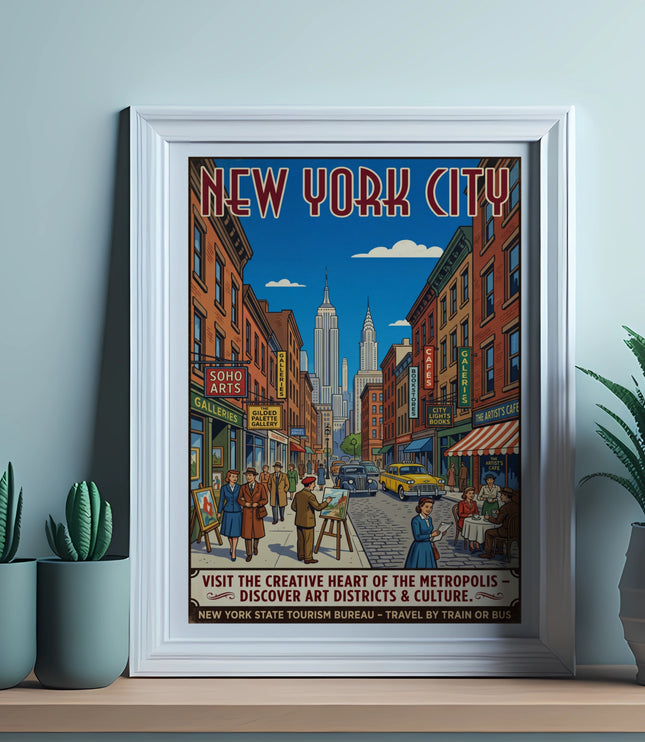 New York City travel poster featuring a street scene with Empire State Building.