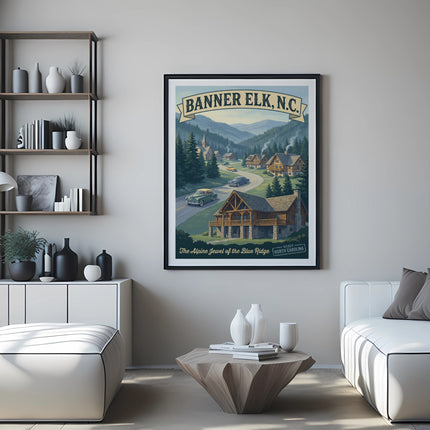 Vintage poster of Banner Elk, N.C. featuring mountain cabins, cars, trees, and text.