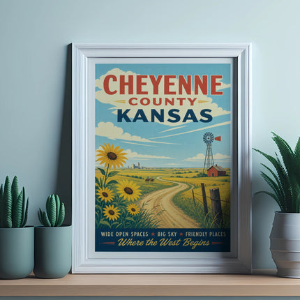 Poster of Cheyenne County, Kansas, with sunflowers, a windmill, and rolling hills.
